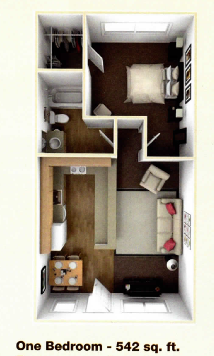 Floor plan for 1 bed, 1 bath, 542 sqft